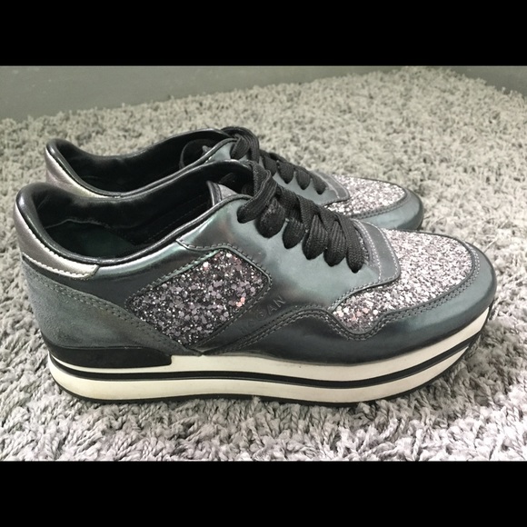 Hogan Club H222 Dark Gray Silver Glitter Sneakers - Picture 5 of 8